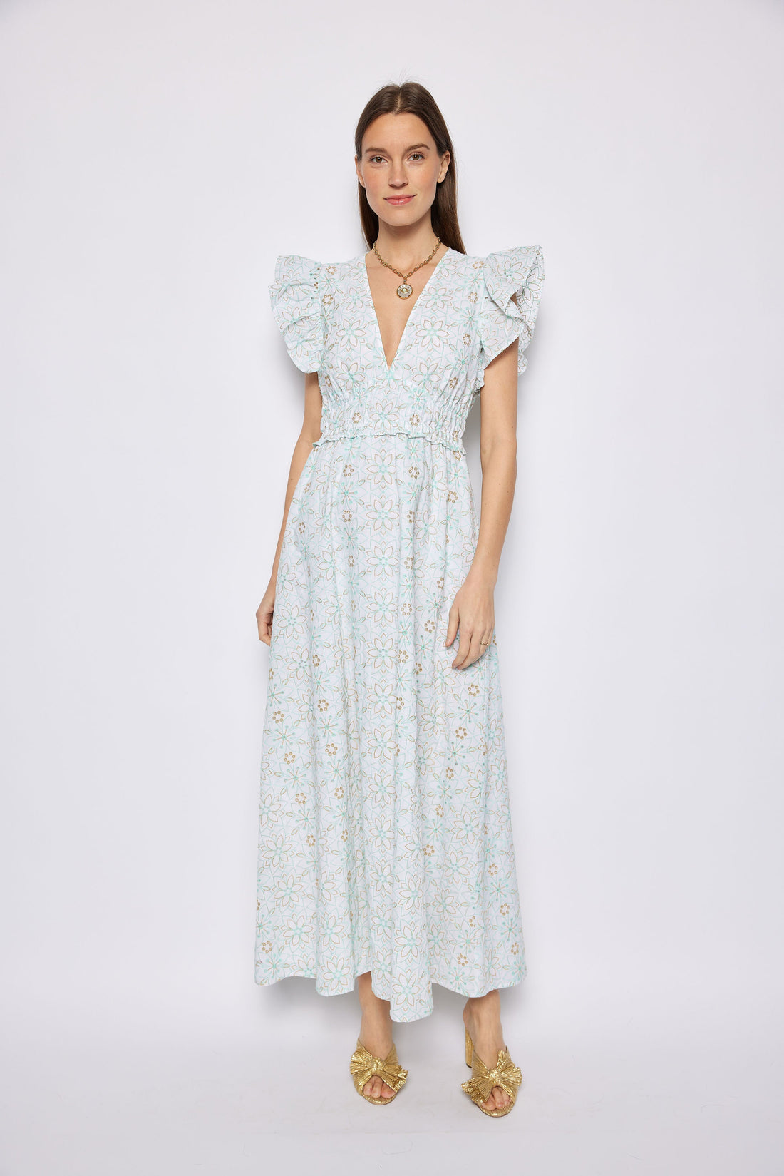 Sail to Sable Womens V-Neck Flutter Sleeve Maxi Dress, XXS, Green Sail to Sable Womens V-Neck Flutter Sleeve Maxi Dress, XXS, Green