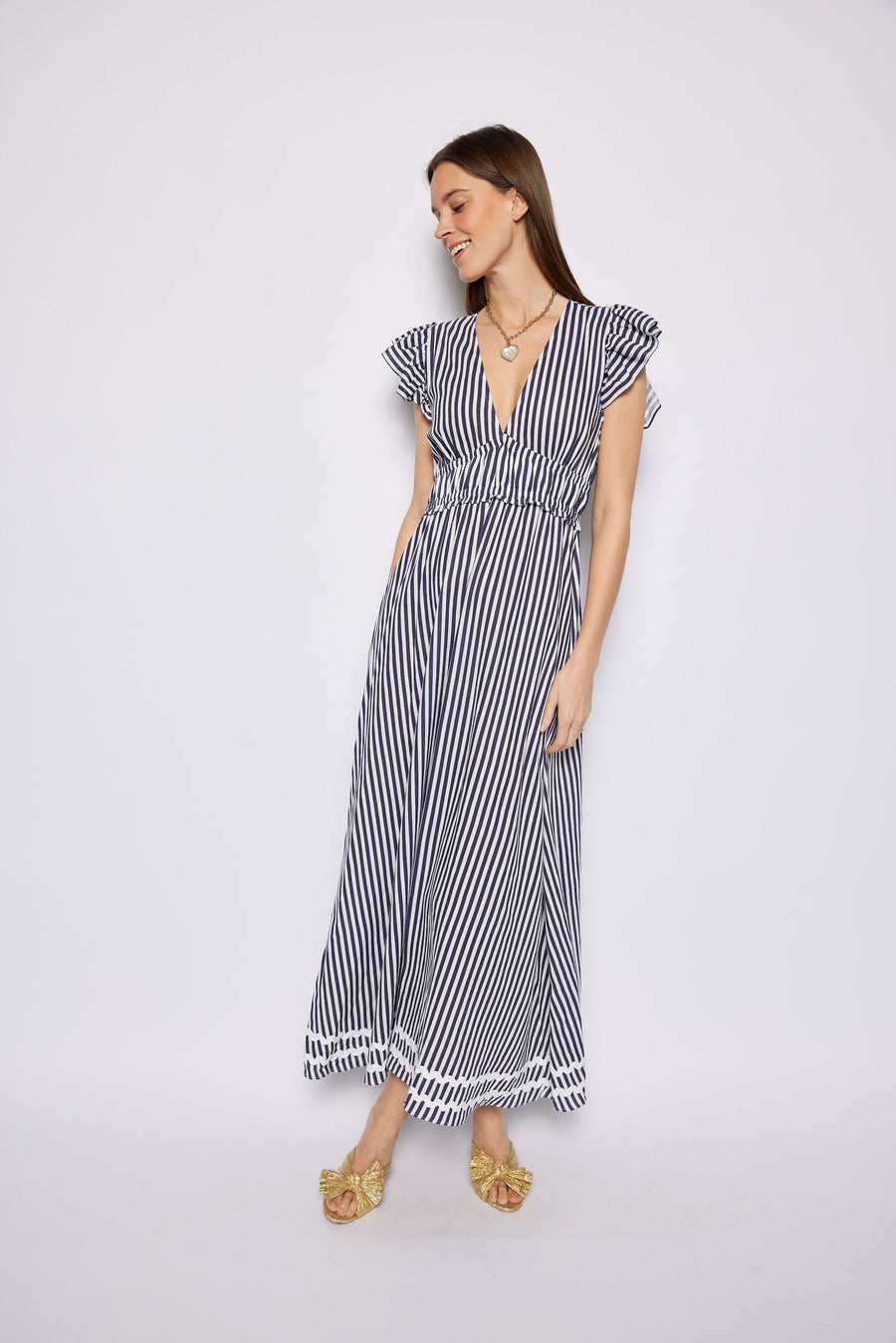 Navy & White Stripe V-Neck Flutter Sleeve Maxi Dress