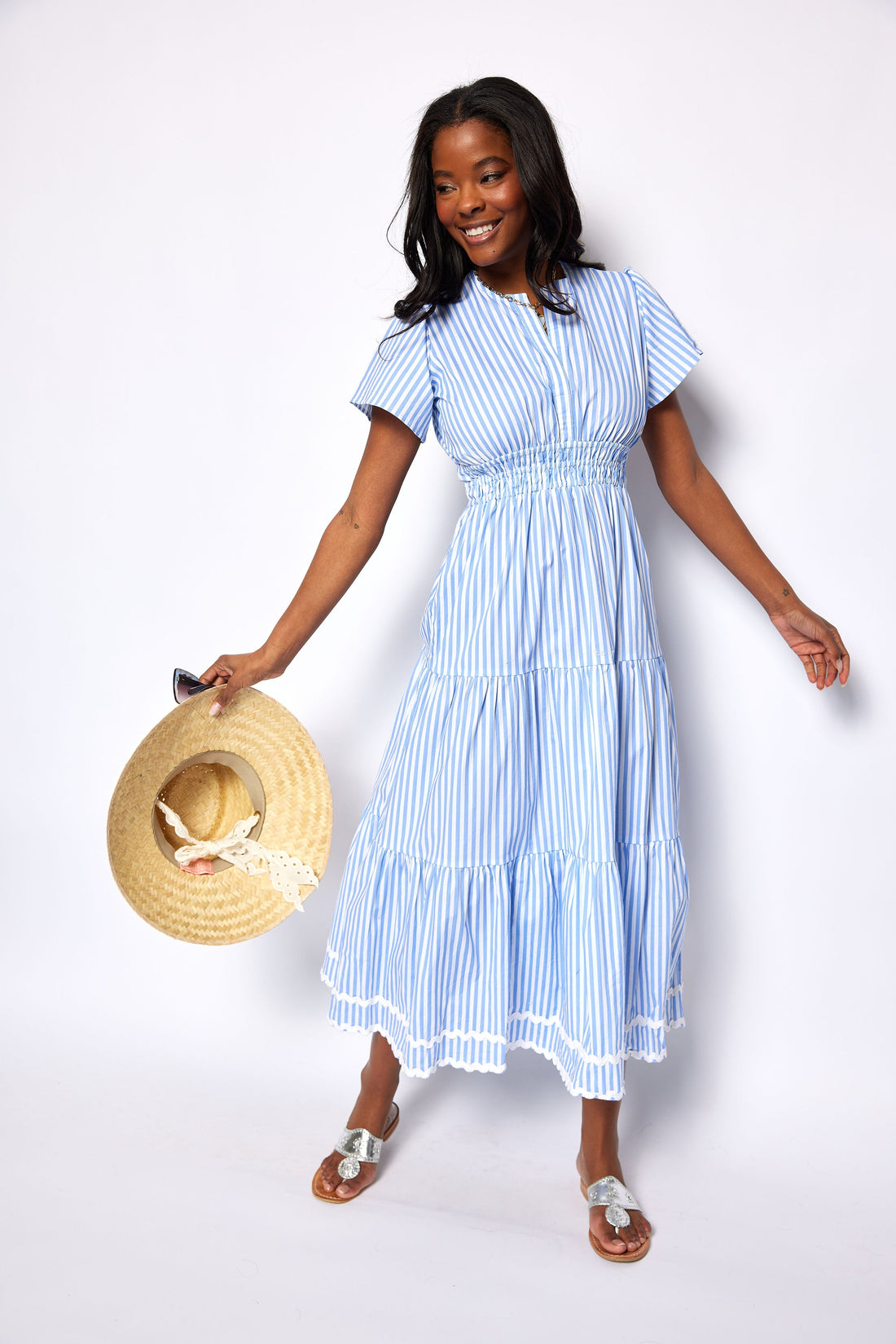 Blue & White Striped Cinched Waist Midi Dress