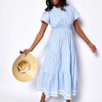 Blue & White Stripe Cinched Waist Midi Dress