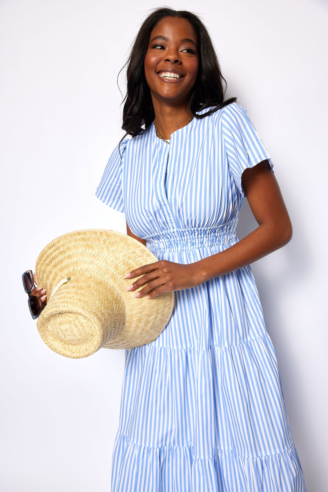 Blue & White Striped Cinched Waist Midi Dress