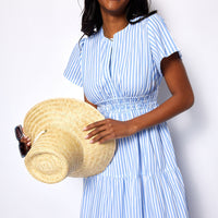 Blue & White Striped Cinched Waist Midi Dress