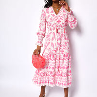 Blush Geo Floral Long Sleeve Smocked Waist Midi Dress