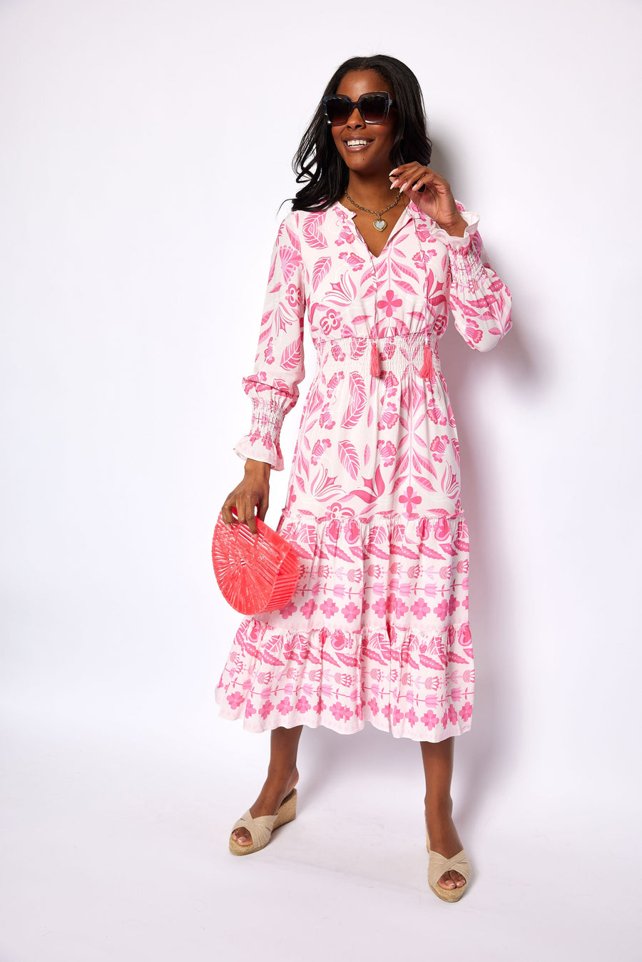 Blush Geo Floral Long Sleeve Smocked Waist Midi Dress