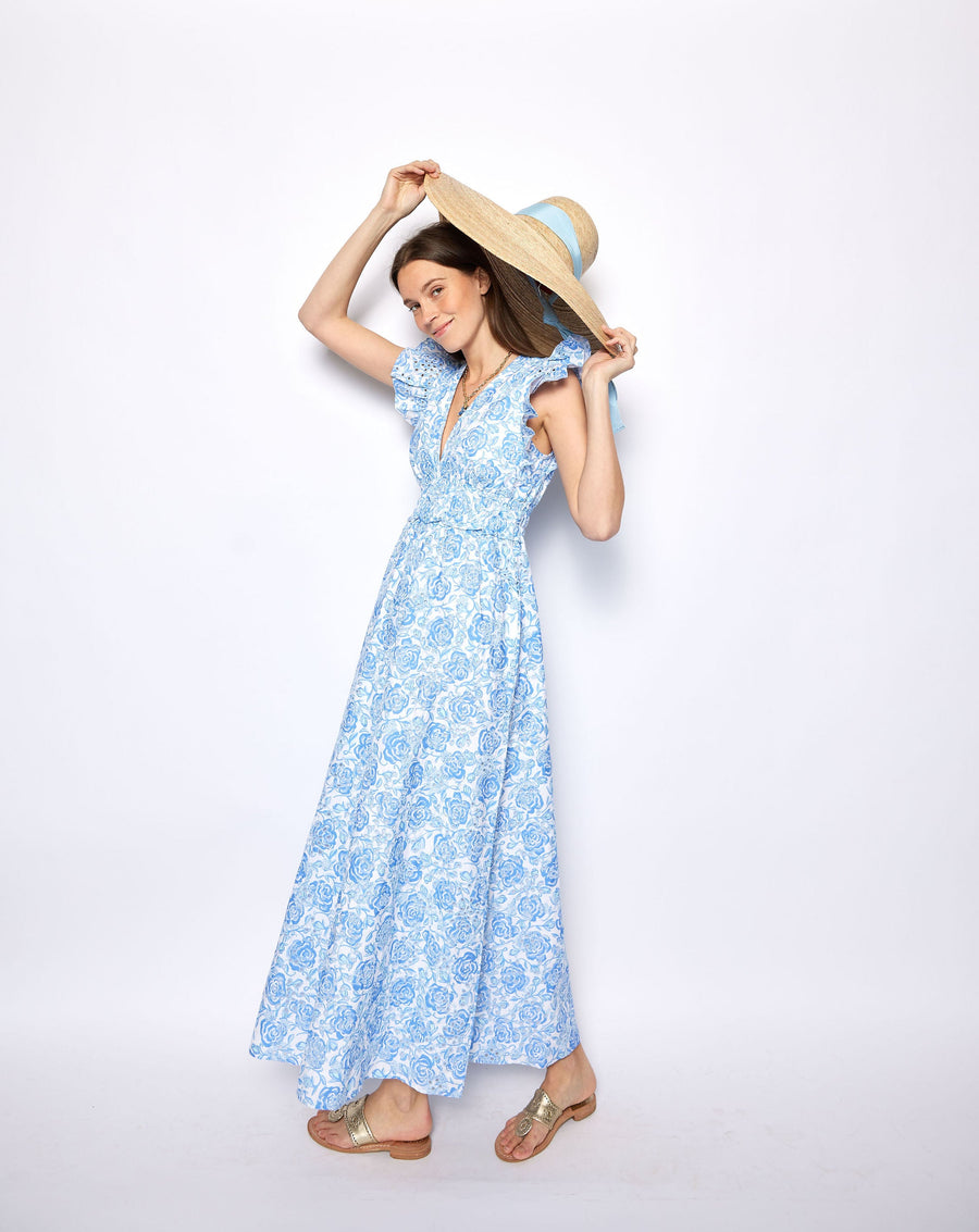 Blue & White Rose Printed Eyelet V-Neck Flutter Sleeve Maxi Dress
