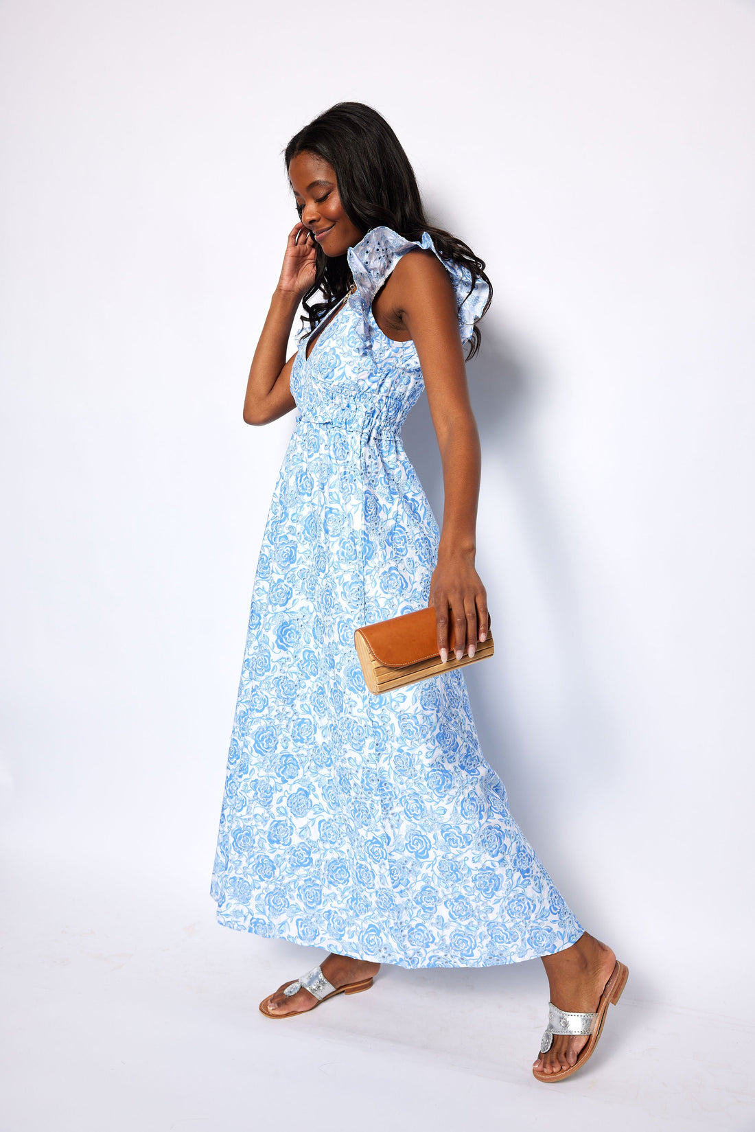 Sail to Sable Flutter Sleeve Eyelet Midi Dress - WHITE/BLUE Small Sail to Sable Flutter Sleeve Eyelet Midi Dress - WHITE/BLUE Small