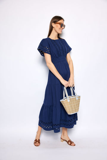 Navy Cinched Waist Midi Dress with Ric-Rac Inlay
