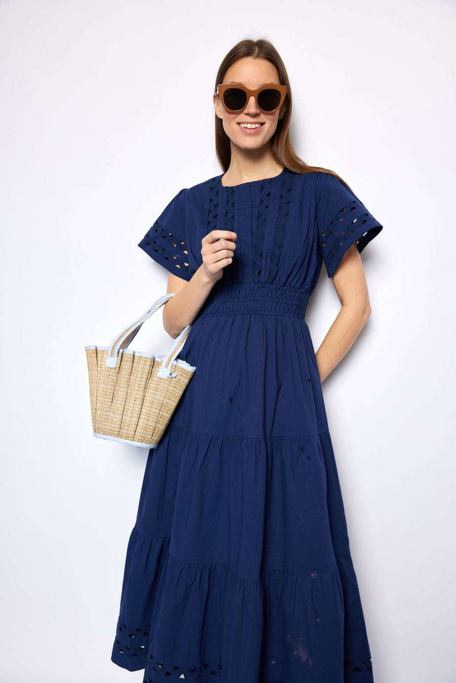 Navy Cinched Waist Midi Dress with Ric-Rac Inlay