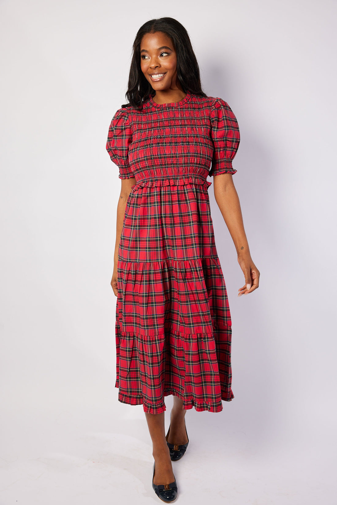 Red Plaid Puff Sleeve Smocked Midi Dress