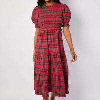 Red Plaid Puff Sleeve Smocked Midi Dress