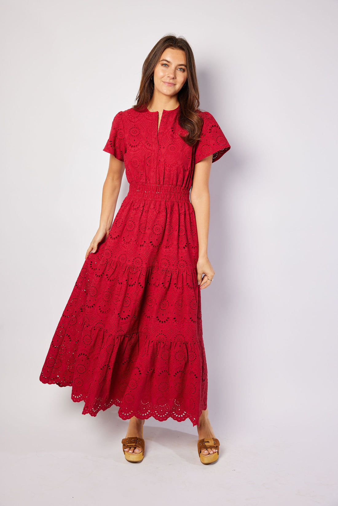 Red Eyelet Cinched Waist Midi Dress