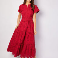 Red Eyelet Cinched Waist Midi Dress