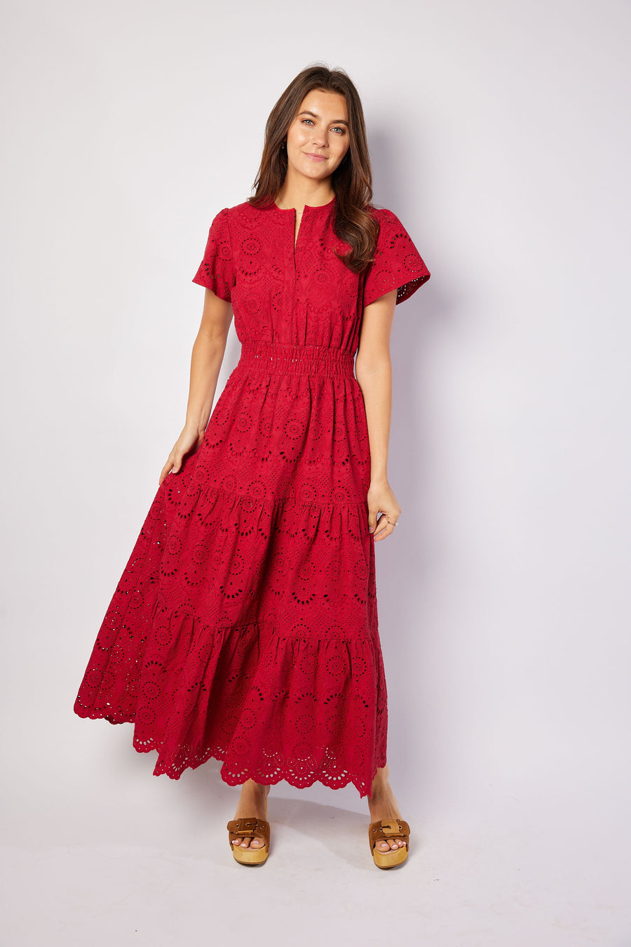 Red Eyelet Cinched Waist Midi Dress