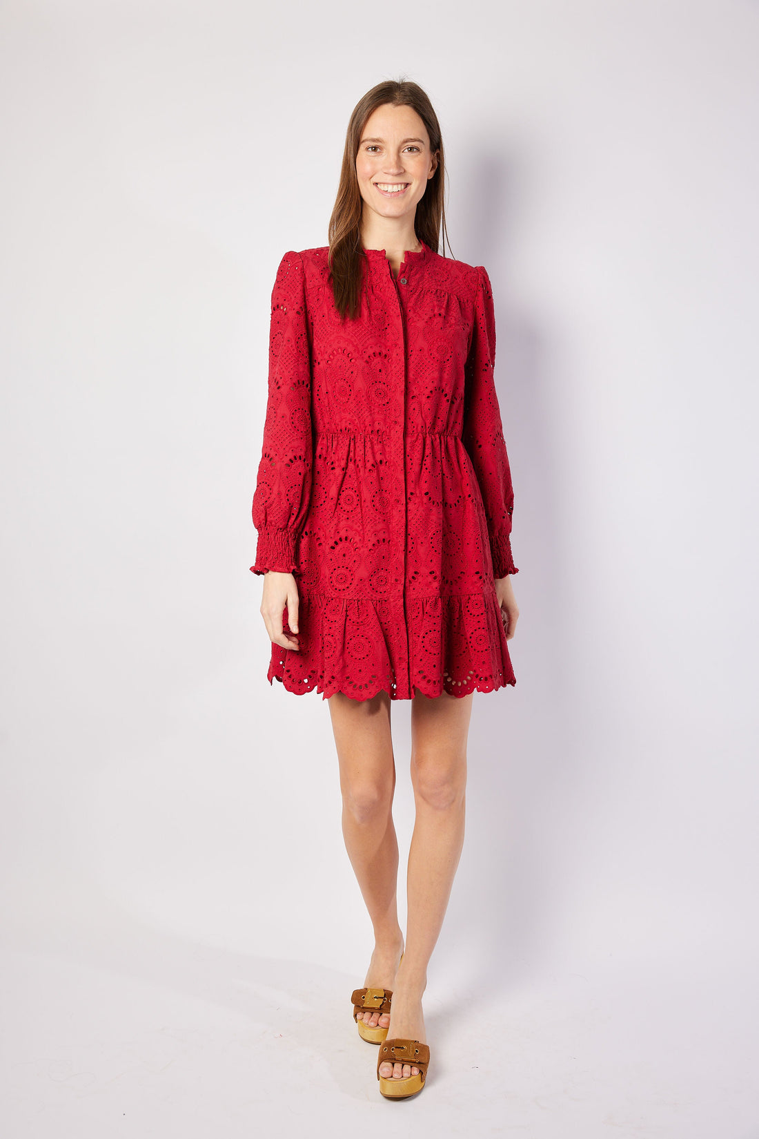 Red Eyelet Long Sleeve Cinched Waist Dress