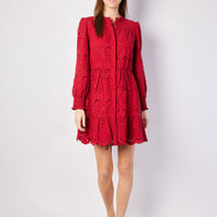 Red Eyelet Long Sleeve Cinched Waist Dress