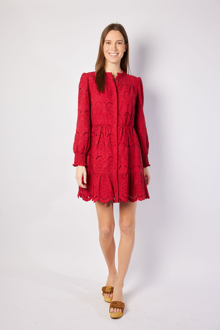 Red Eyelet Long Sleeve Cinched Waist Dress