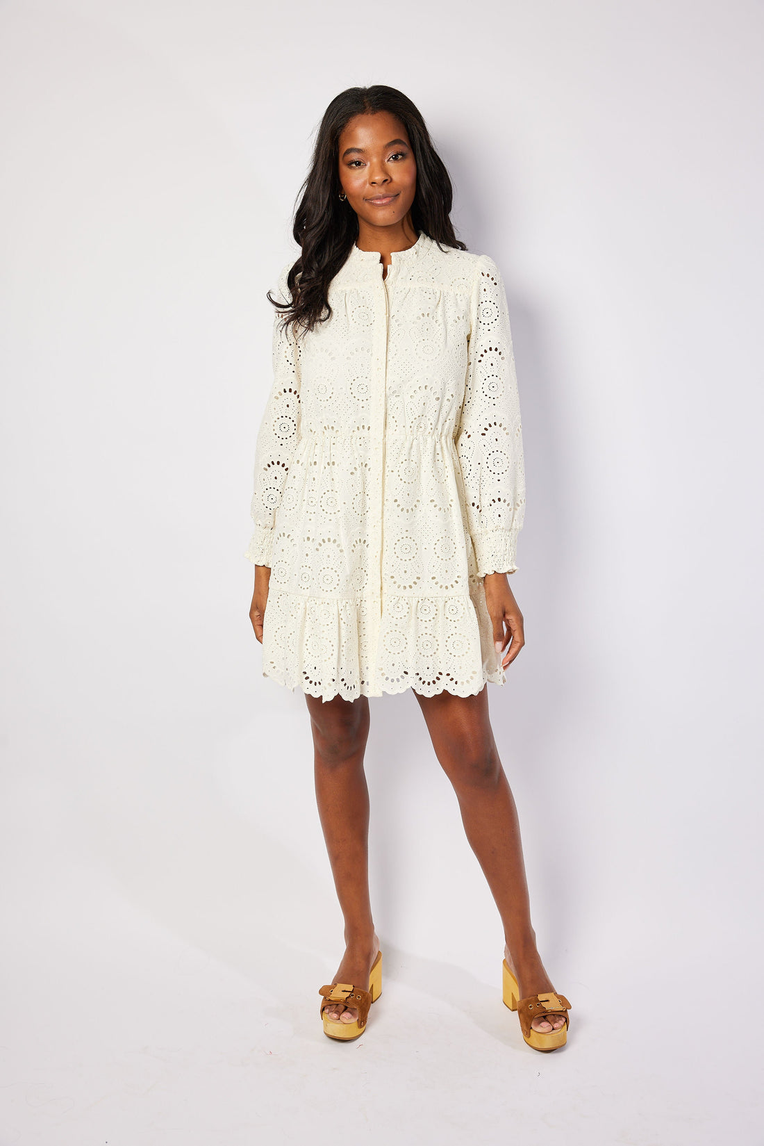 Ivory Eyelet Long Sleeve Cinched Waist Dress