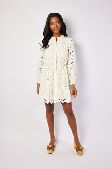 Ivory Eyelet Long Sleeve Cinched Waist Dress