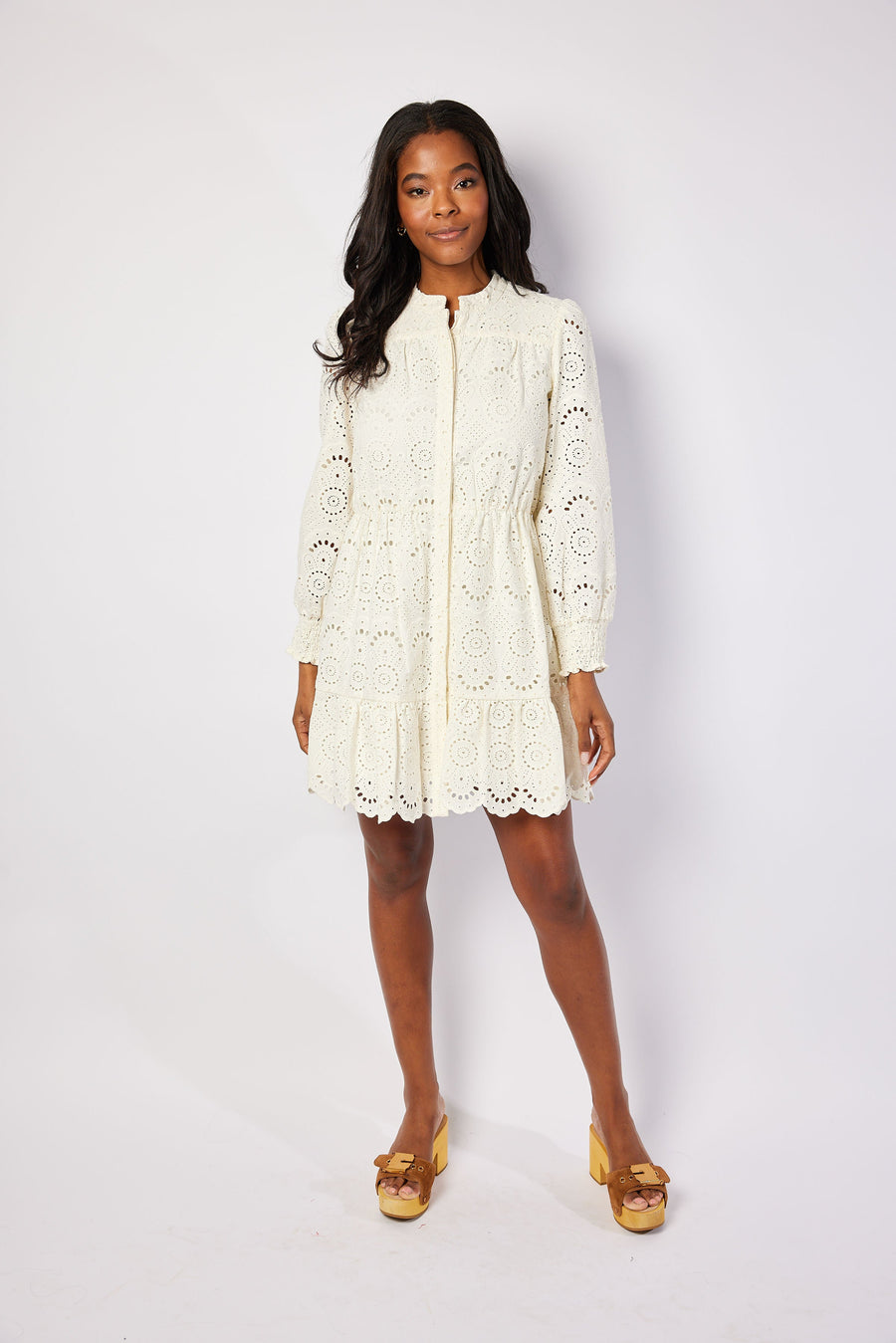 Ivory Eyelet Long Sleeve Cinched Waist Dress