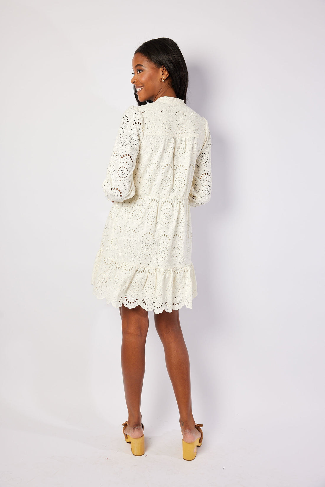 Ivory Eyelet Long Sleeve Cinched Waist Dress