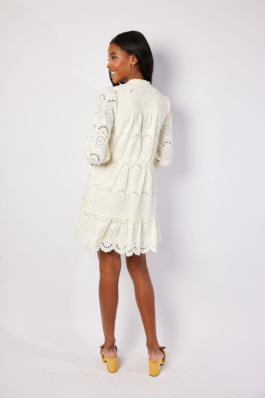Ivory Eyelet Long Sleeve Cinched Waist Dress