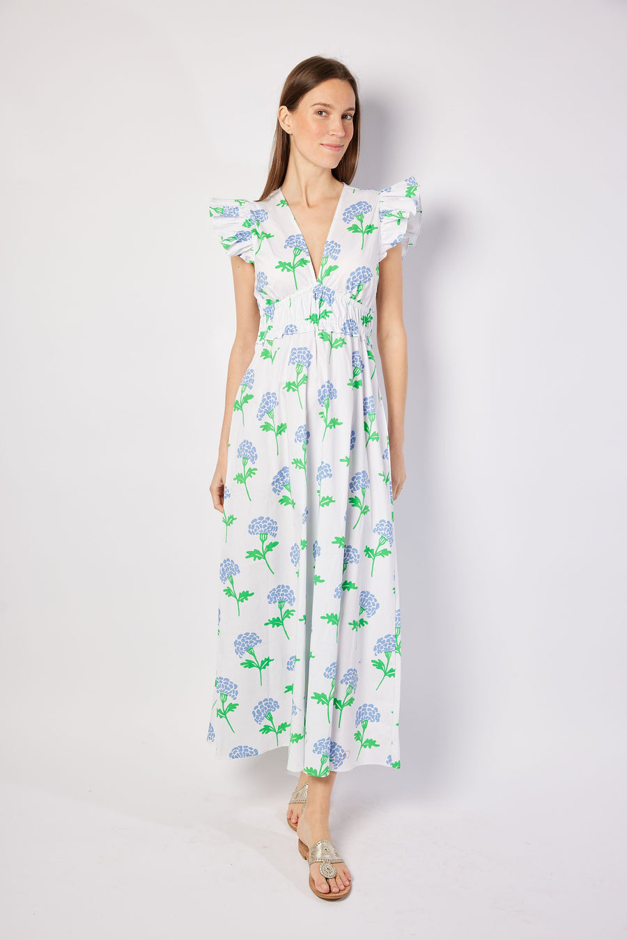 Hydrangea Block Print V-Neck Flutter Sleeve Maxi Dress