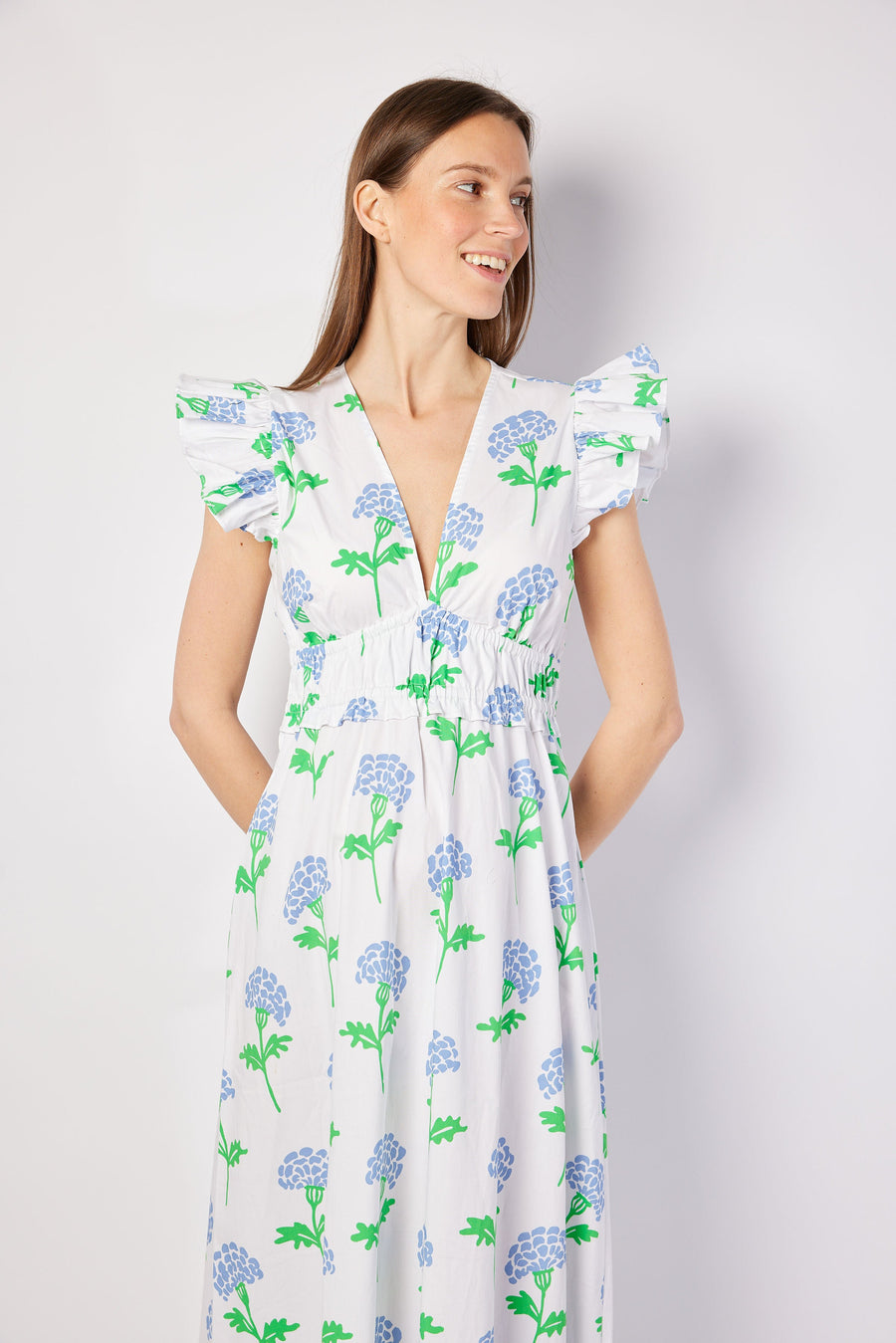 Hydrangea Block Print V-Neck Flutter Sleeve Maxi Dress