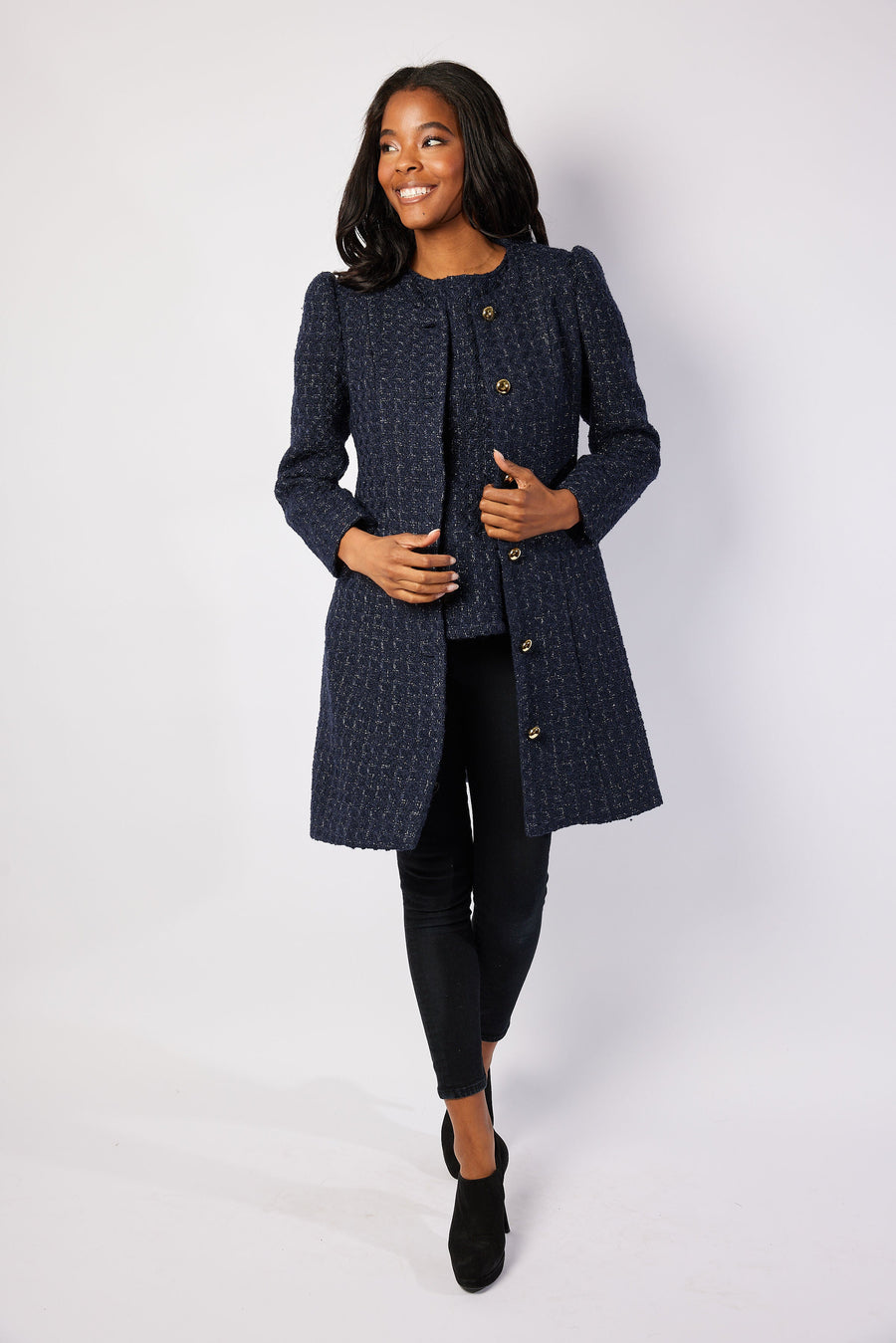 Navy Metallic Tweed Button Front Coat
