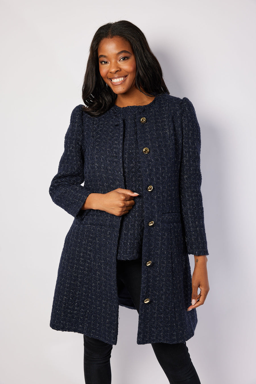 Navy Metallic Tweed Button Front Coat