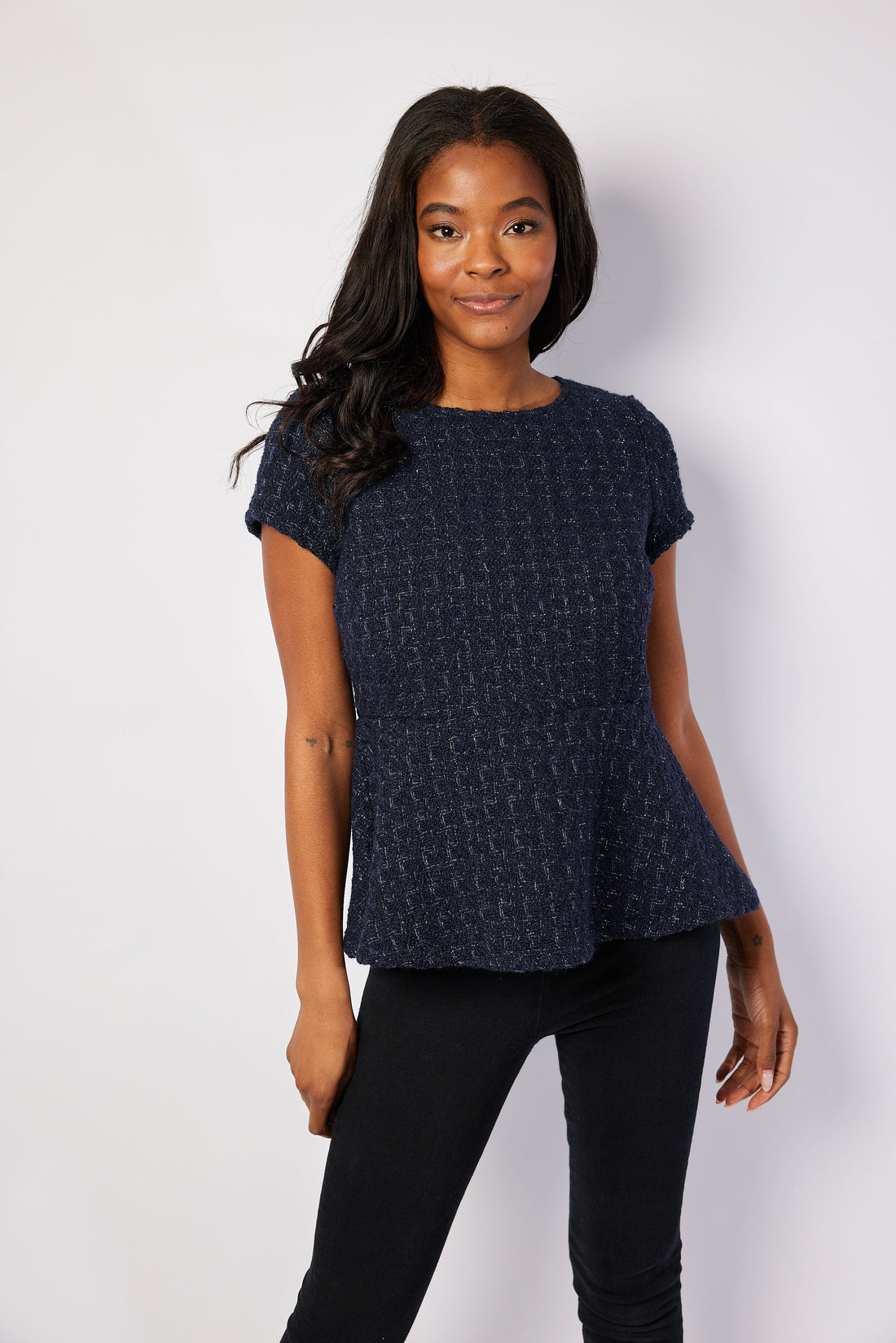 Navy Metallic Tweed Zip Back Peplum Top