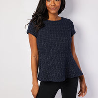 Navy Metallic Tweed Zip Back Peplum Top