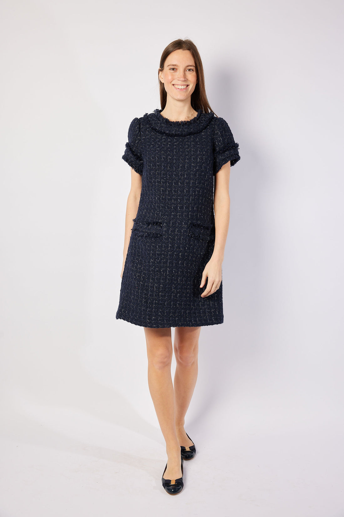 Navy Metallic Tweed Short Sleeve Shift Dress