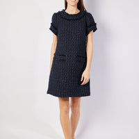 Navy Metallic Tweed Short Sleeve Shift Dress
