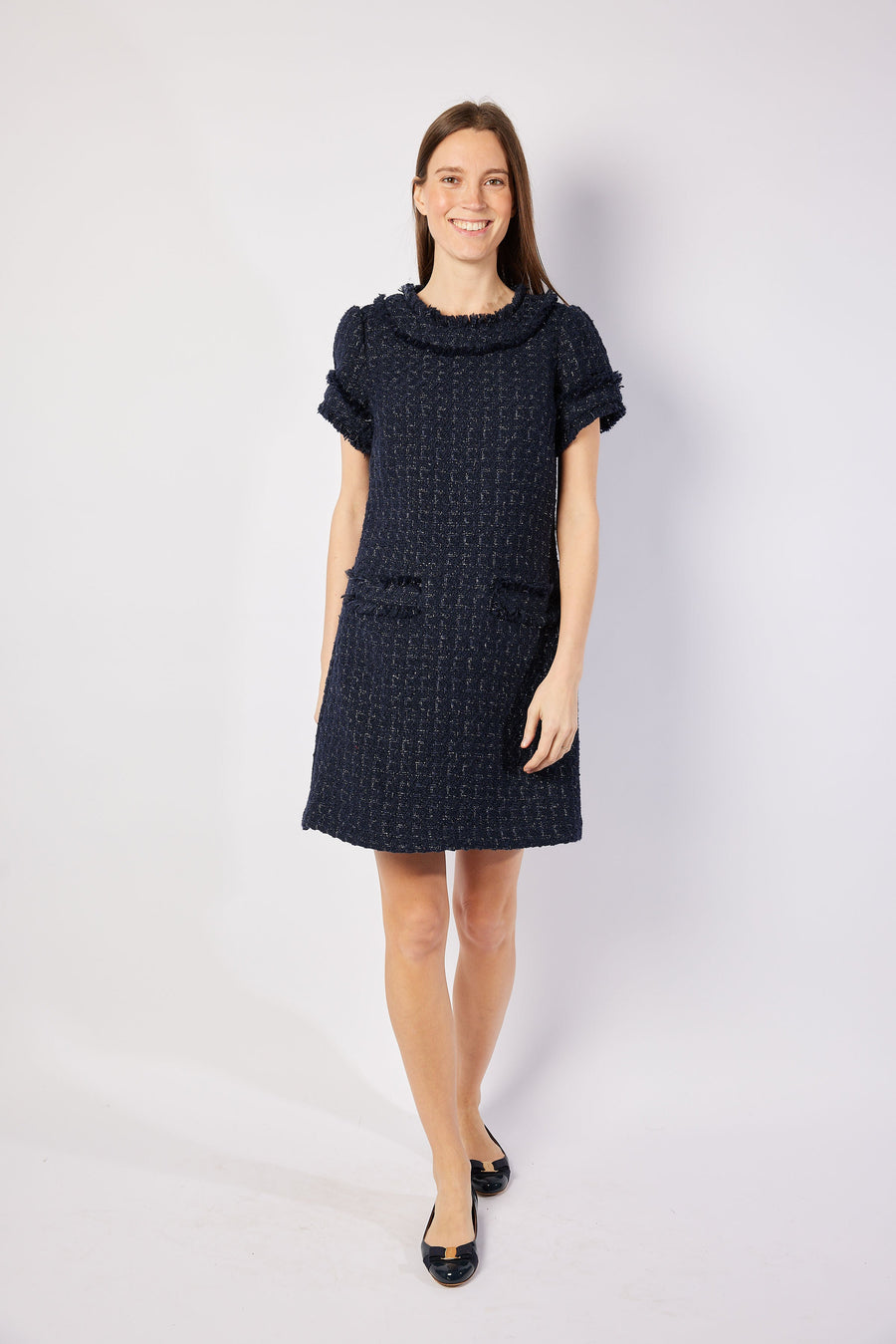 Navy Metallic Tweed Short Sleeve Shift Dress
