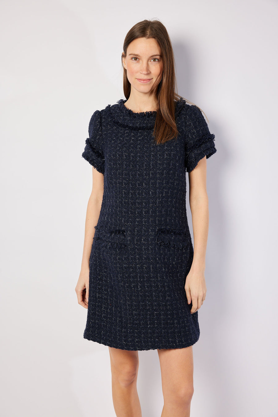 Navy Metallic Tweed Short Sleeve Shift Dress