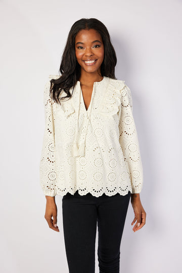 Ivory Eyelet Ruffle Front Top with Tassels