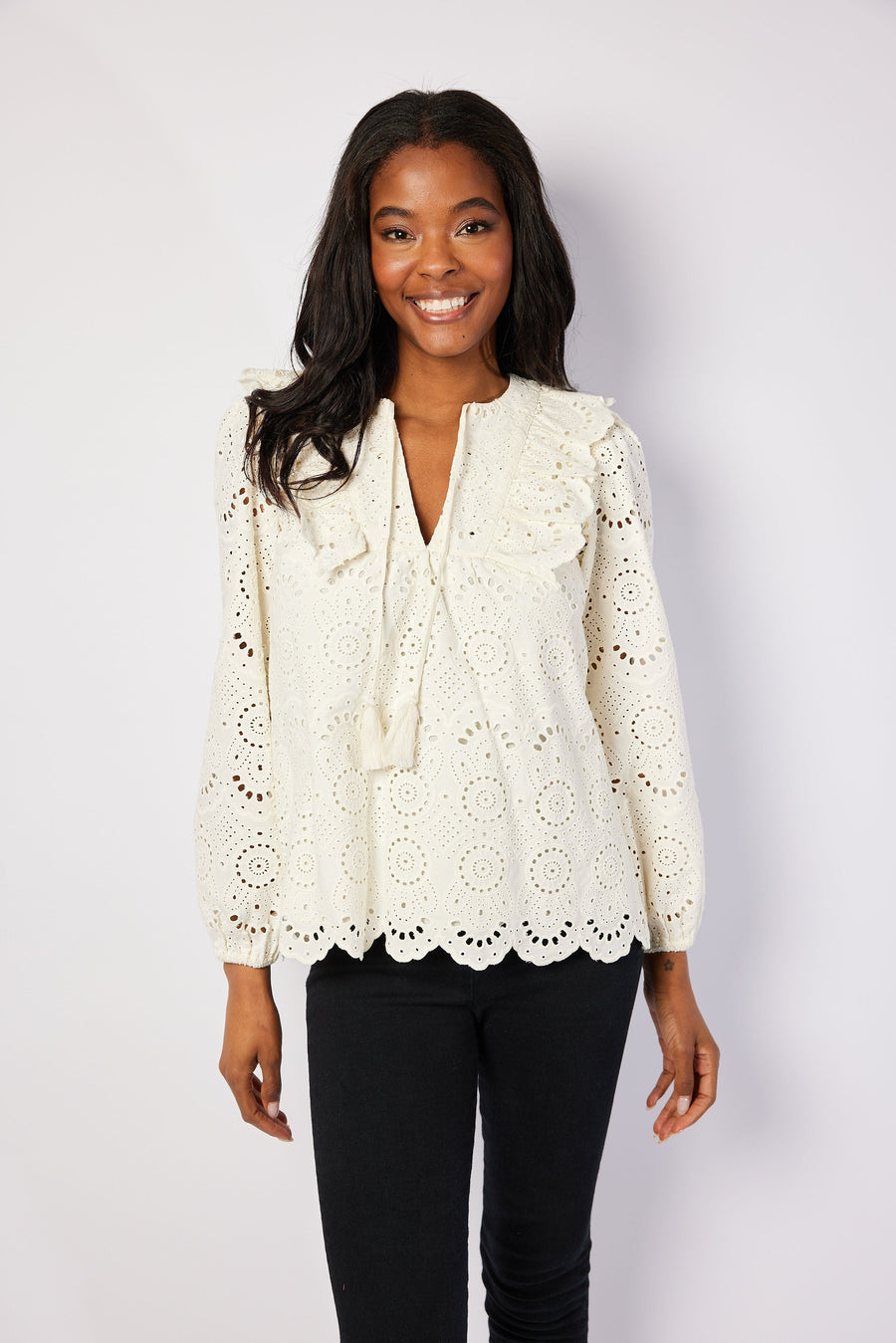 Ivory Eyelet Ruffle Front Top with Tassels