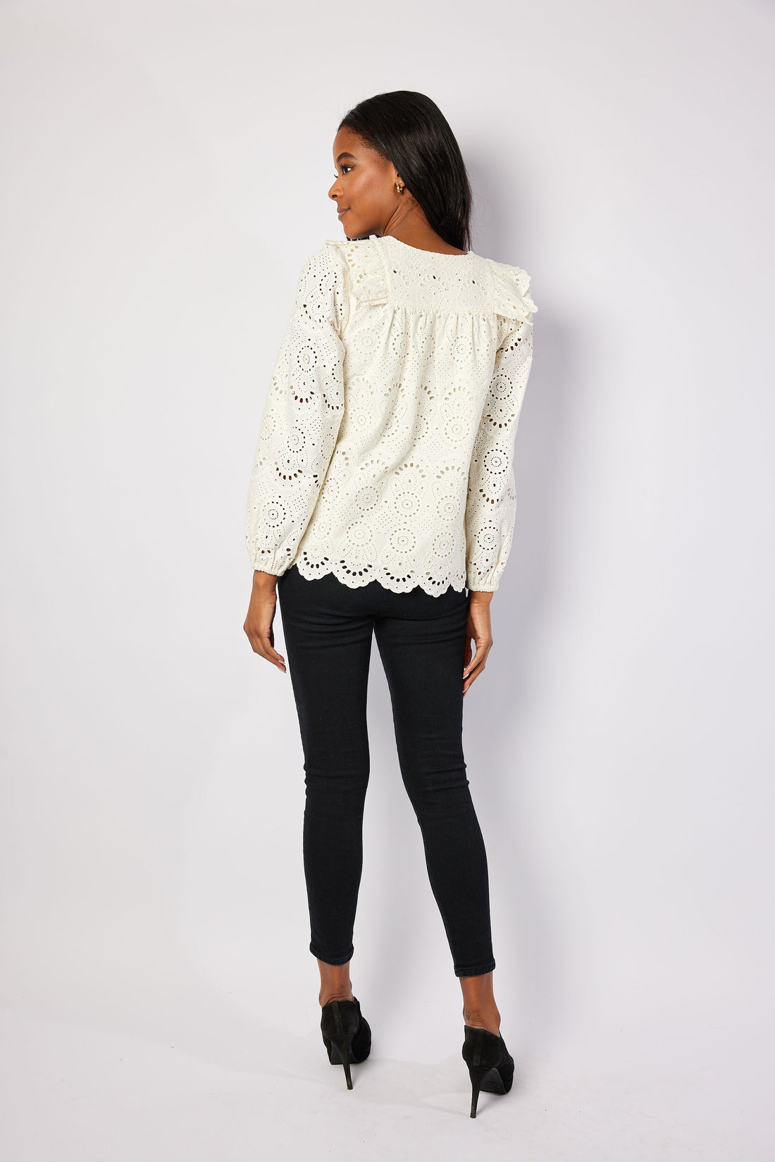 Ivory Eyelet Ruffle Front Top with Tassels