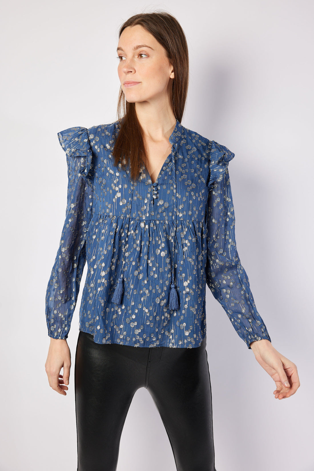 Navy Peony Lurex Ruffle Front Top with Tassels