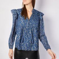 Navy Peony Lurex Ruffle Front Top with Tassels