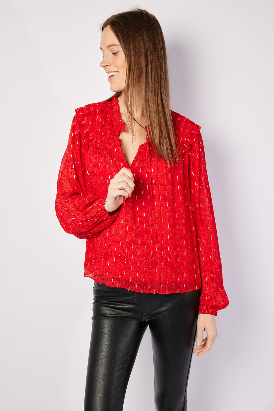Red Lurex Ruffle Front Top