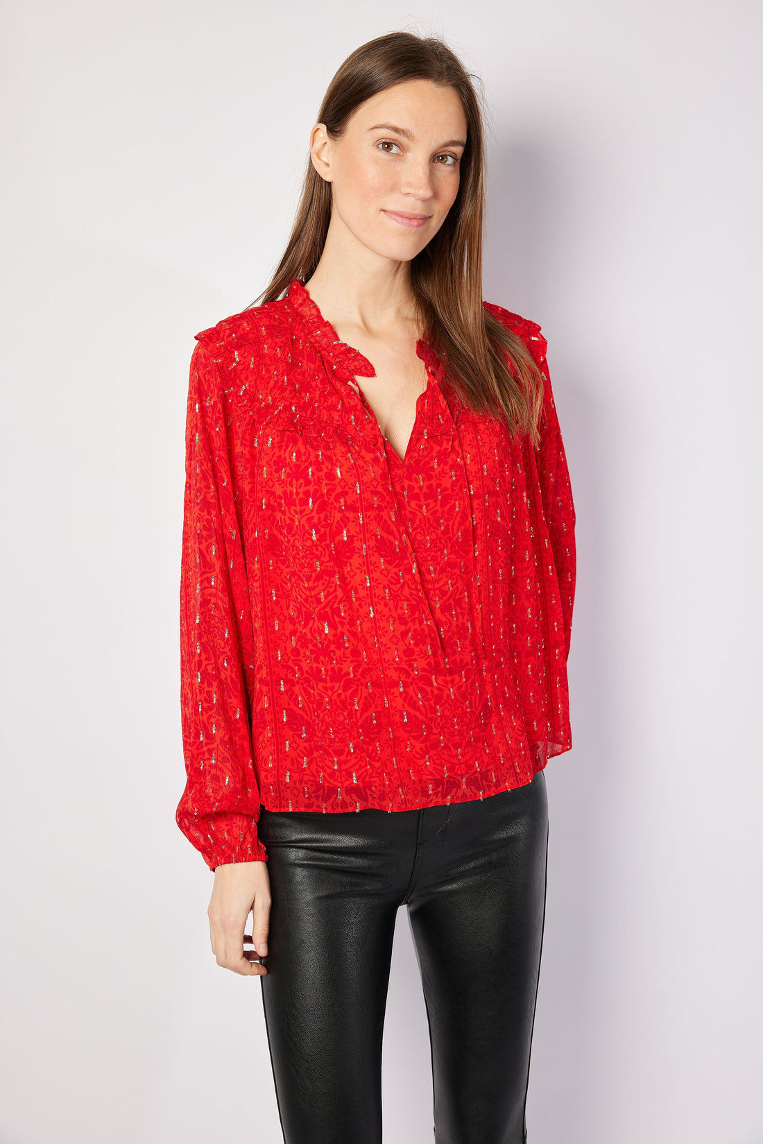 Red Lurex Ruffle Front Top