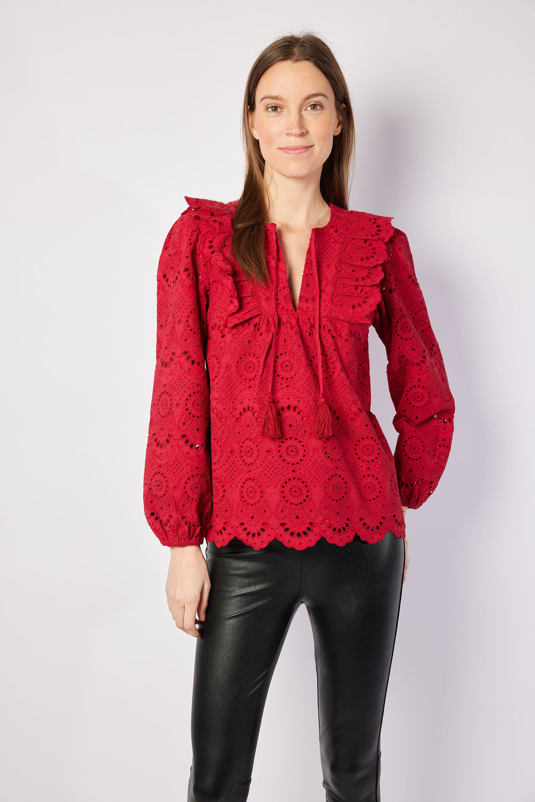 Red Eyelet Ruffle Front Top with Tassels