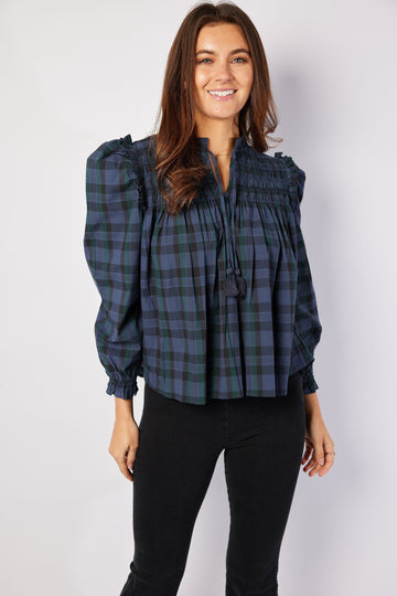 Blackwatch Tartan Puff Sleeve Top with Tassels
