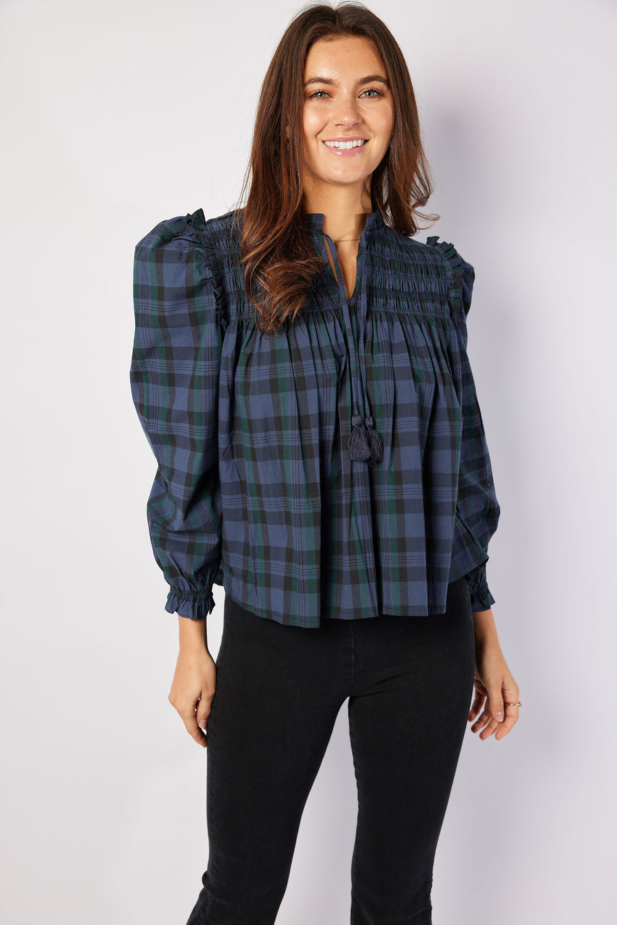 Blackwatch Tartan Puff Sleeve Top with Tassels