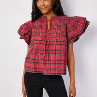 Red Plaid Ruffle Sleeve Top