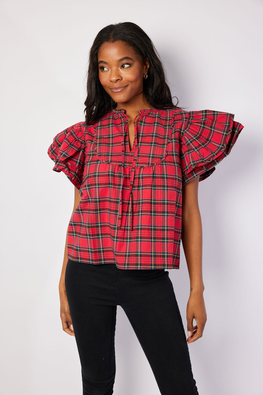 Red Plaid Ruffle Sleeve Top