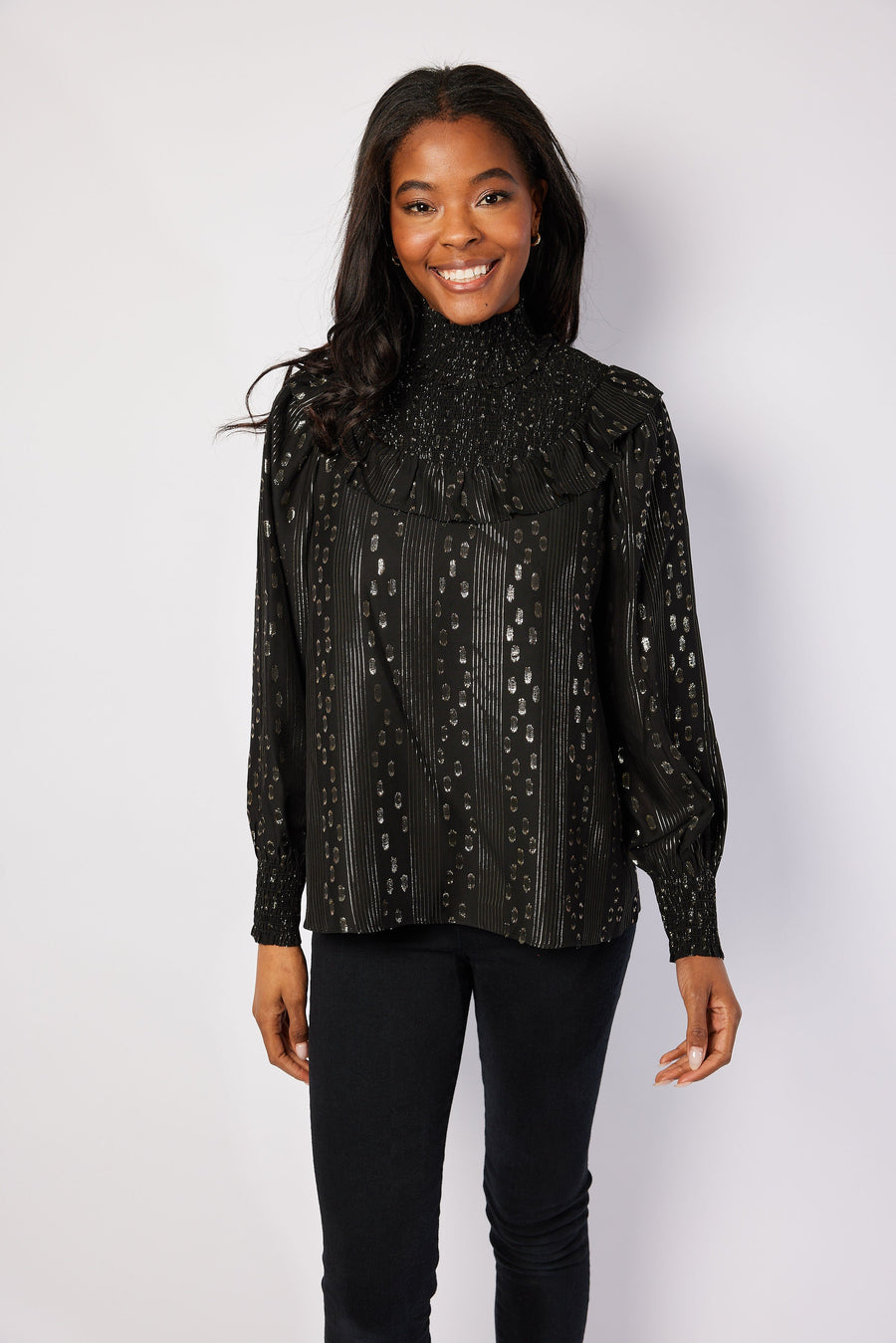 Black & Gold Lurex Smocked Neck Top