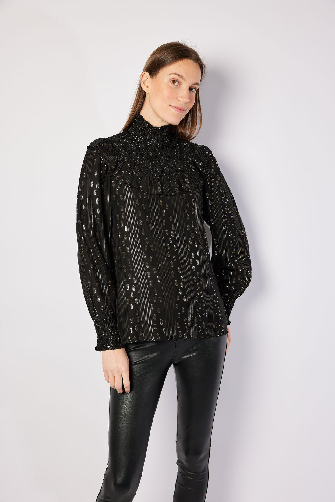 Black & Gold Lurex Smocked Neck Top