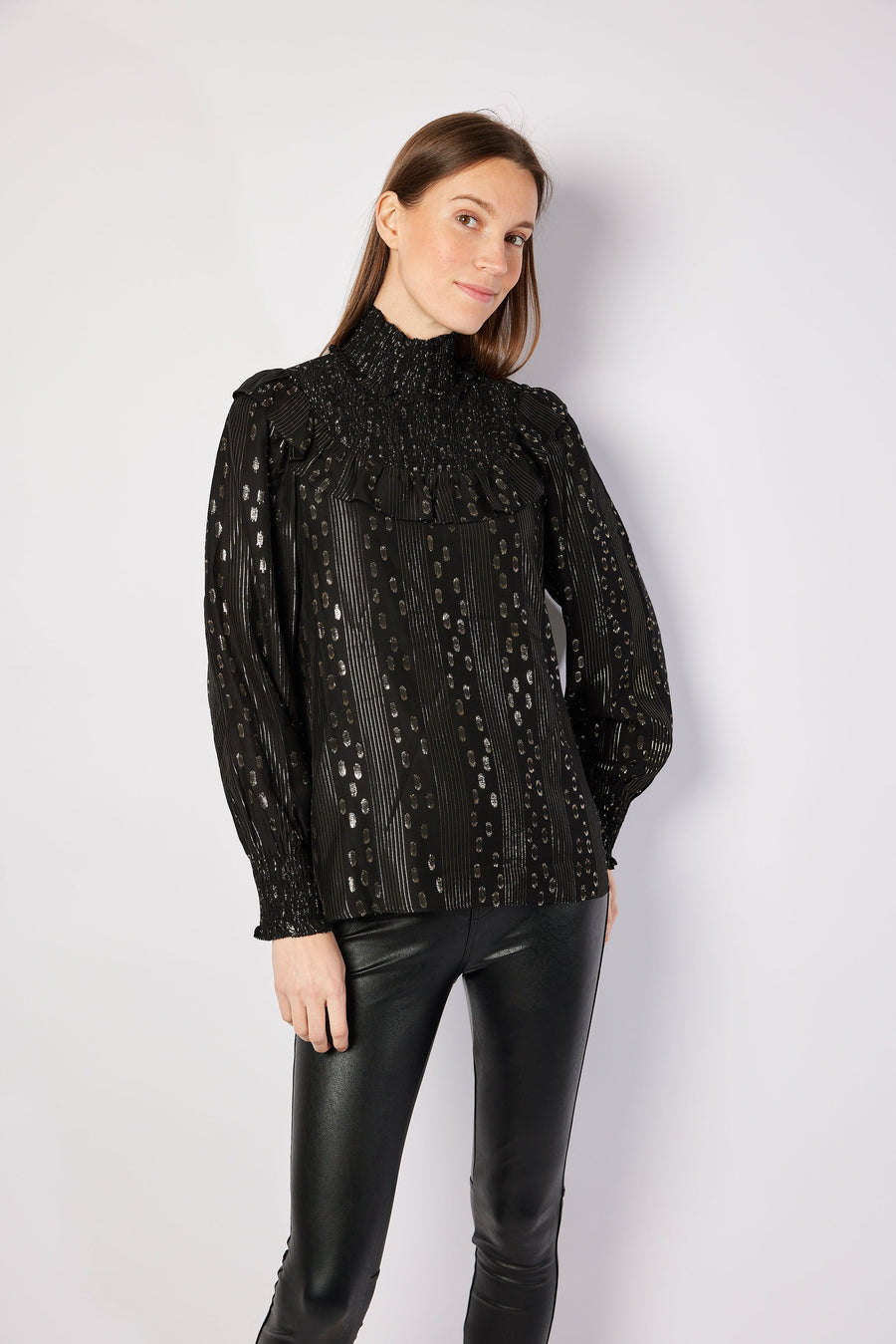 Black & Gold Lurex Smocked Neck Top